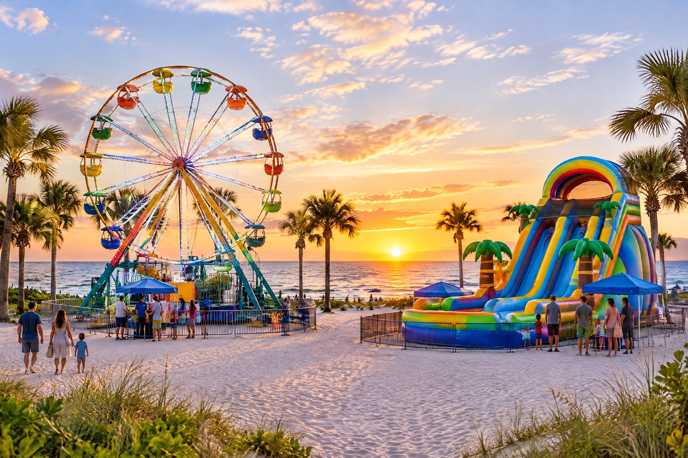 Representative temporary Ferris wheel and inflatable waterslide near a Gulf beach