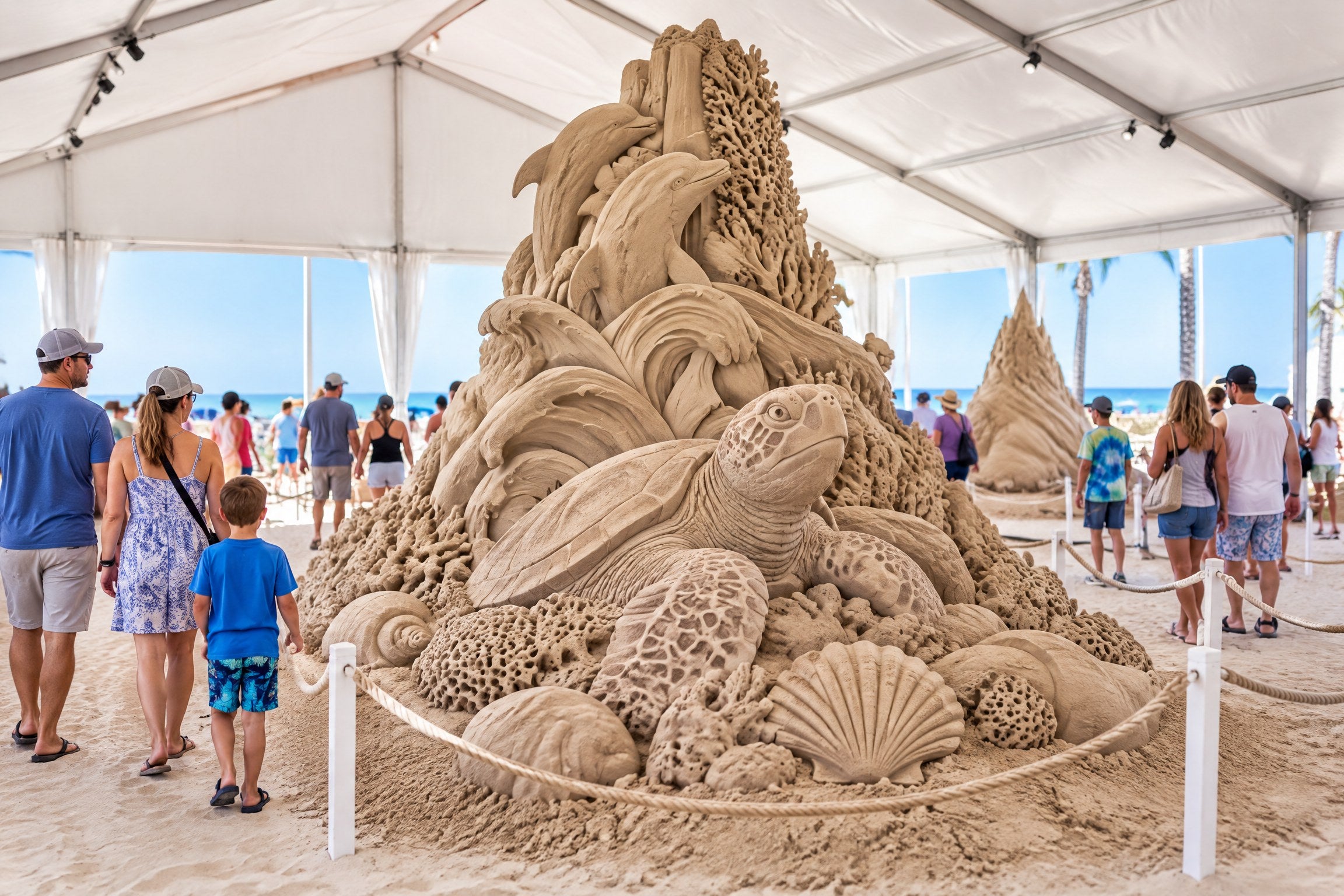 Representative seasonal sand-sculpture exhibit with visitors