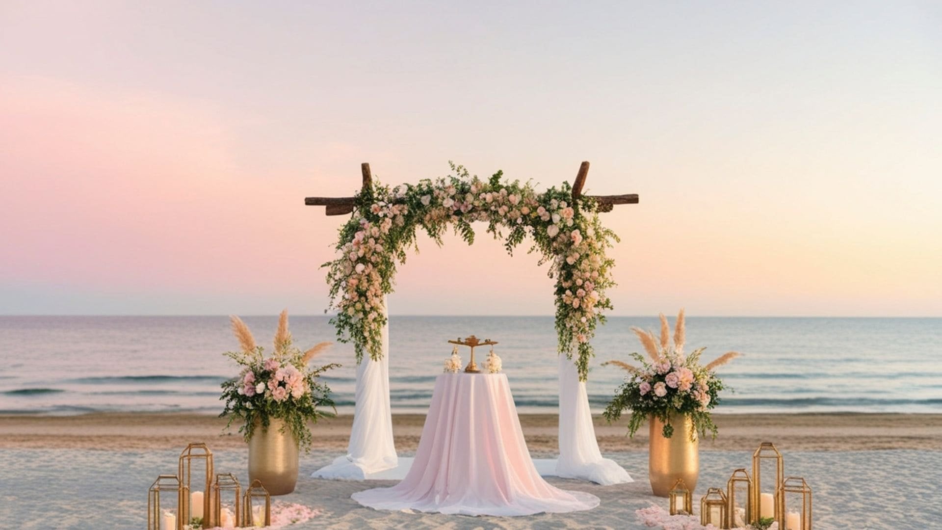 Representative floral ceremony arch design facing the Gulf